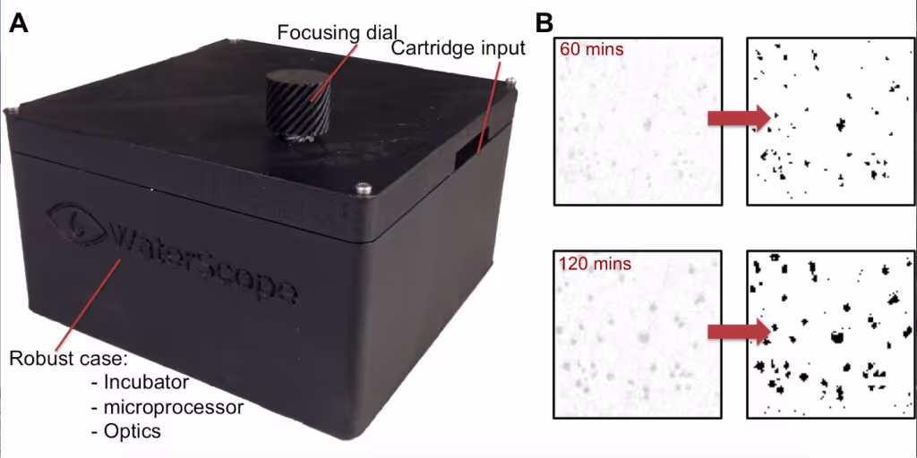 Robust prototype designed. All electronics and optics enclosed. The design is simpler decreasing assembly time while increasing reliability. B: Crop of an image taken with new microscope (left). Post-quantification images (right)of bacteria, taken with our microscope can identify bacteria as early as 60 mins; after 120 mins significant bacterial growth is observed.