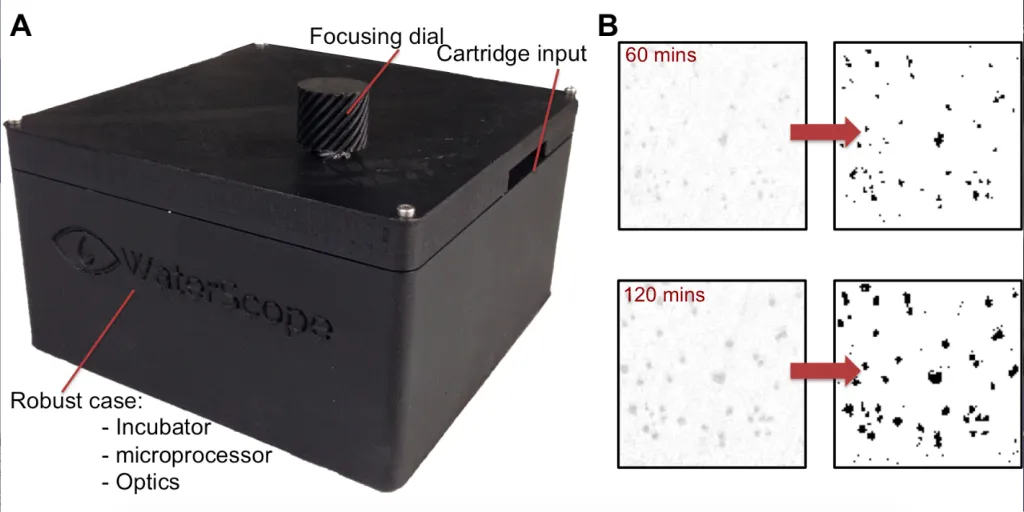 Robust prototype designed. All electronics and optics enclosed. The design is simpler decreasing assembly time while increasing reliability. B: Crop of an image taken with new microscope (left). Post-quantification images (right)of bacteria, taken with our microscope can identify bacteria as early as 60 mins after 120 mins significant bacterial growth is observed.
