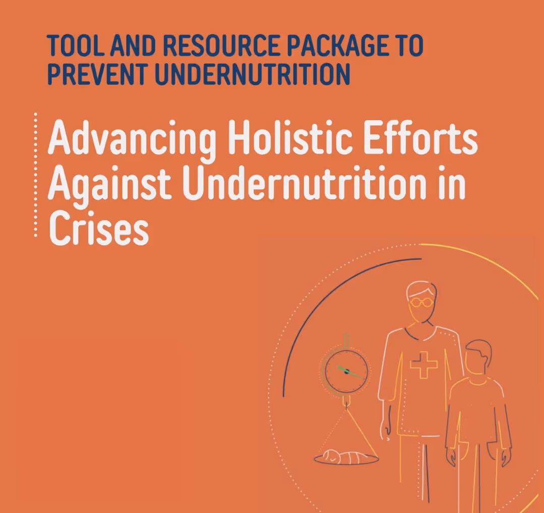 An orange background with white writing reads, 'Advancing Efforts Against Undernutrition in Crises (AHEAd): A decision tool and resource'. In the corner an illustrated icon shows a doctor weighing a baby on scale.